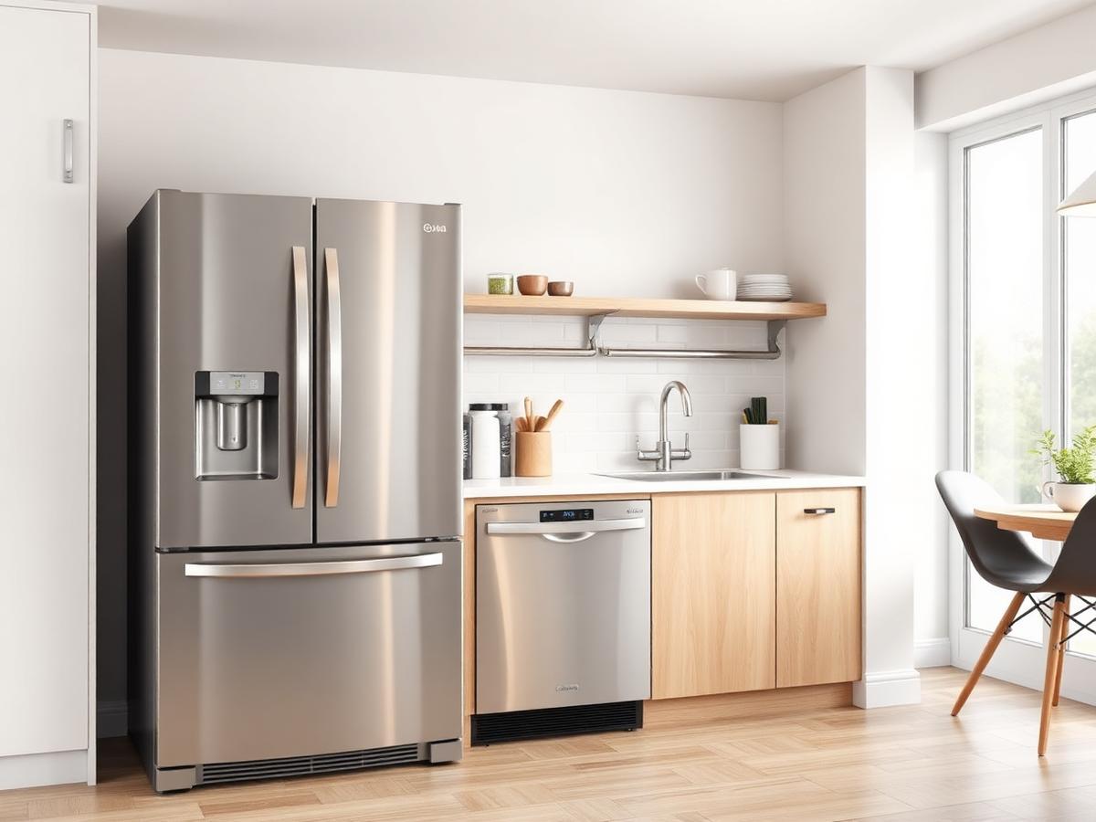 Stainless steel refrigerator and dishwasher in a bright modern kitchen