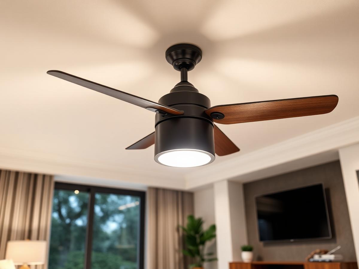 Modern ceiling fan with an integrated LED light in a bright living room