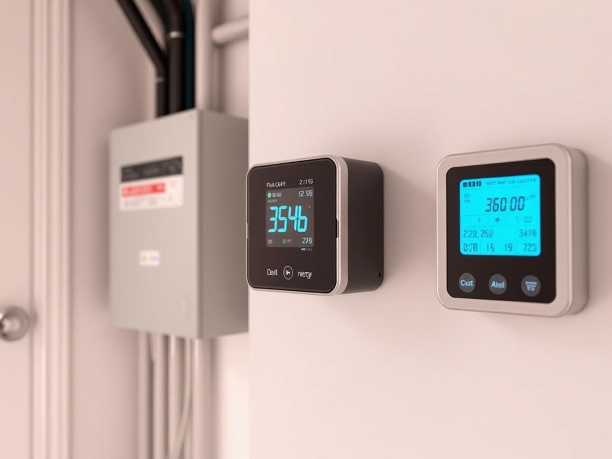 Home energy monitor displays mounted beside a residential electrical panel
