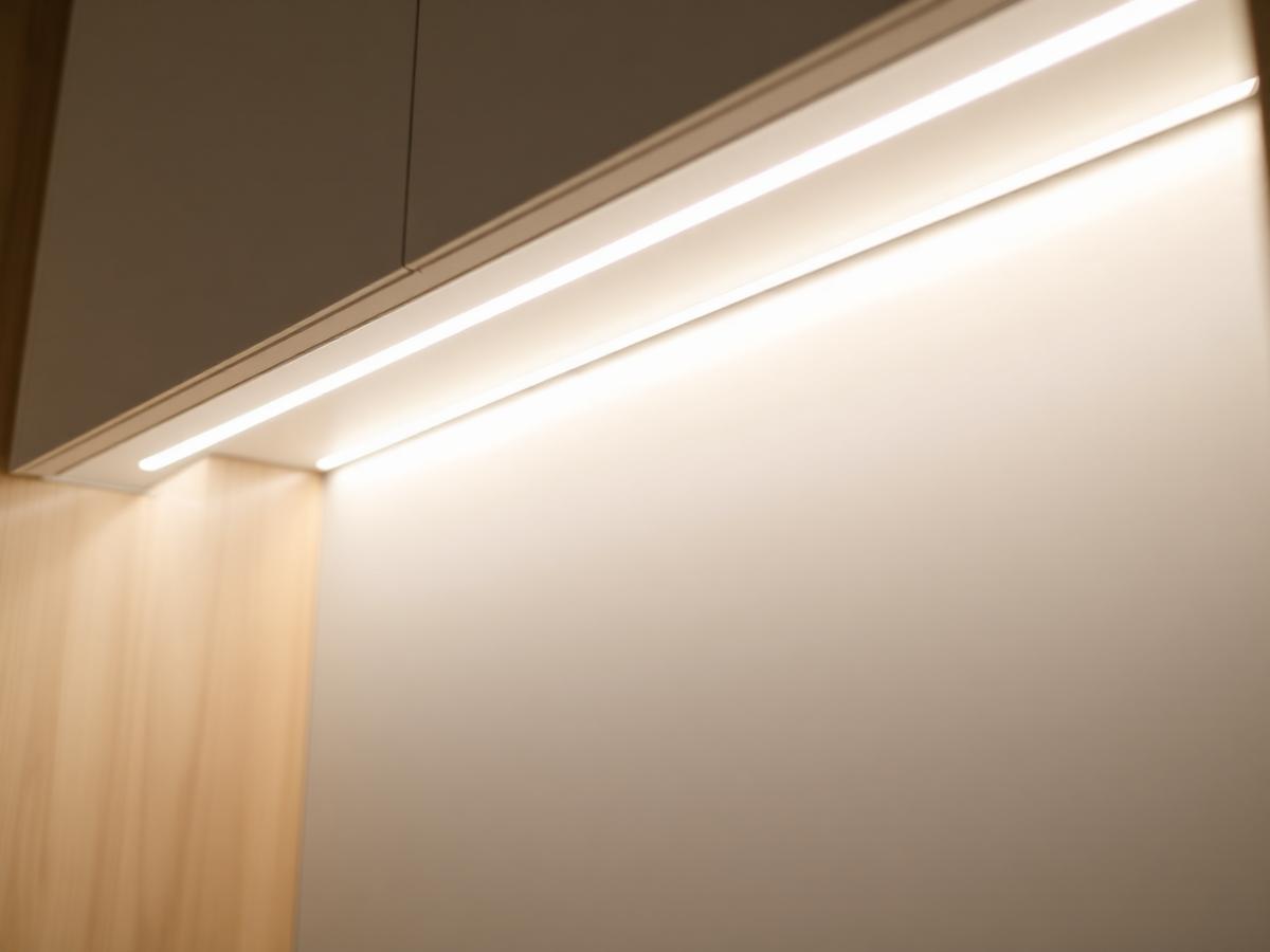 Warm white LED strip lighting glowing under a modern kitchen cabinet