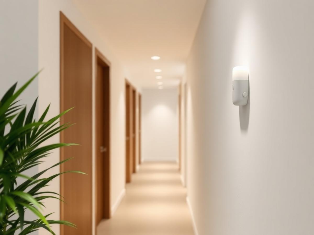 Small white occupancy sensor mounted on a hallway wall in a modern home