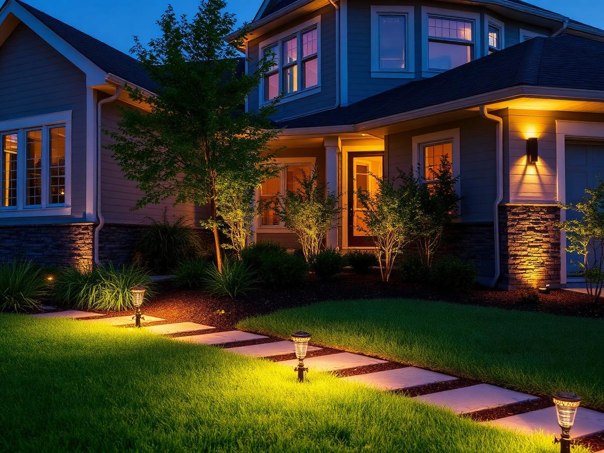 Warm LED path lights and wall sconces illuminating a house exterior at dusk