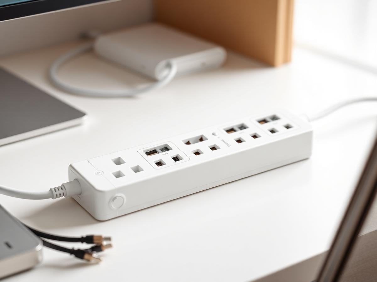 White smart power strip with several outlets and USB ports on a tidy desk