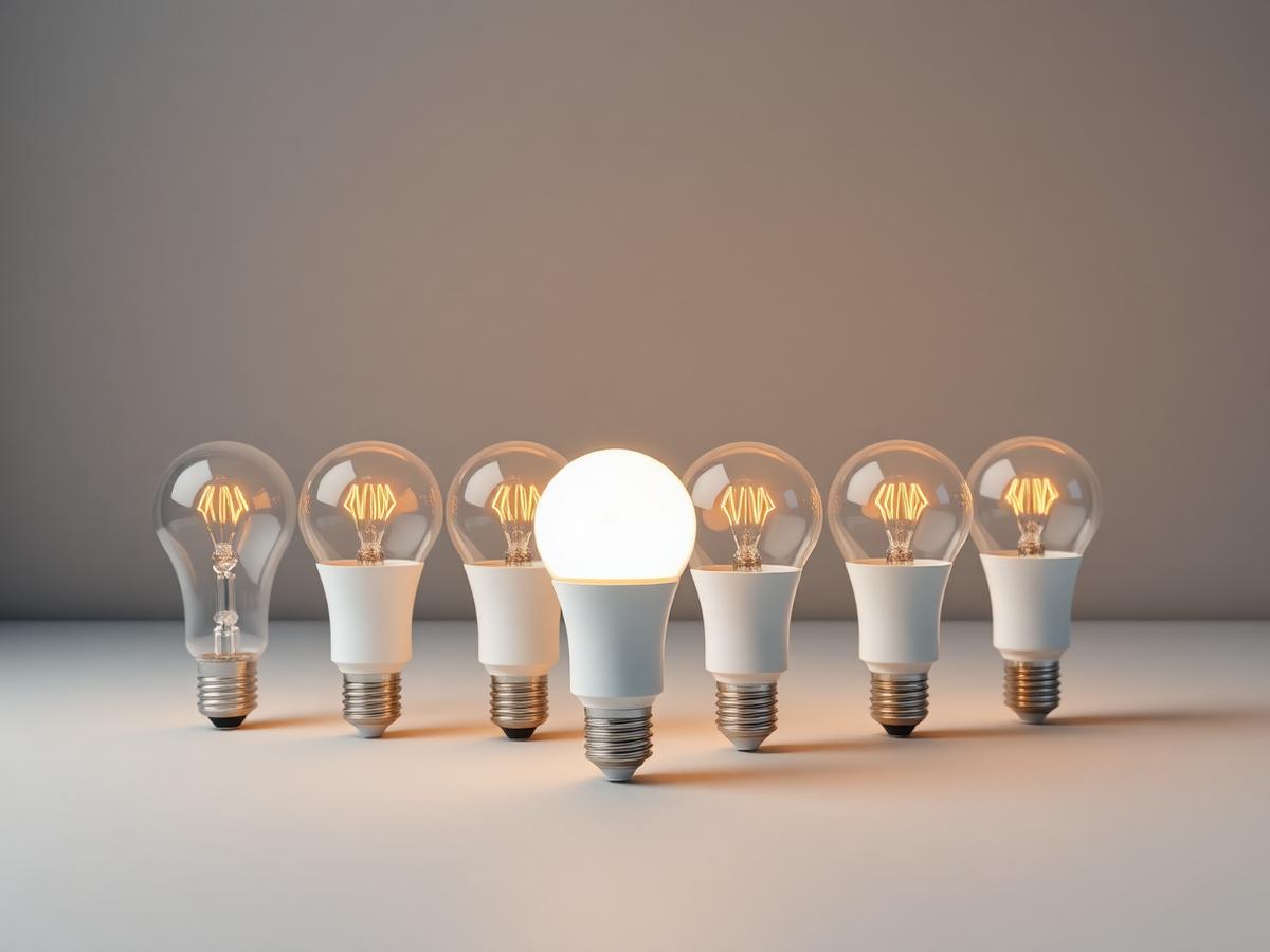 Row of LED and incandescent light bulbs on a light studio surface with one LED bulb lit
