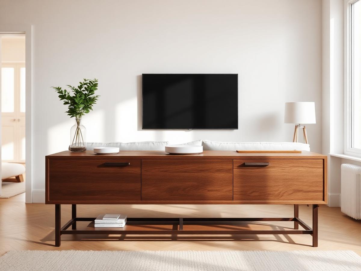 Compact white smart home hub on a wooden console table in a bright living room