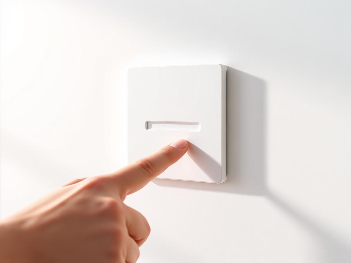 Hand touching a modern white smart dimmer switch panel on a bright wall