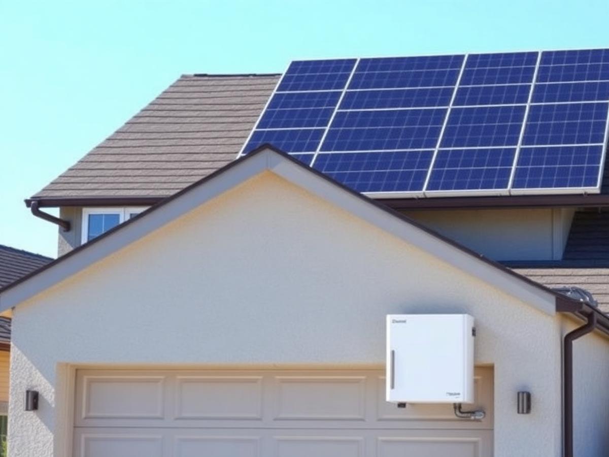 Rooftop solar panels above a garage with a wall-mounted home battery unit