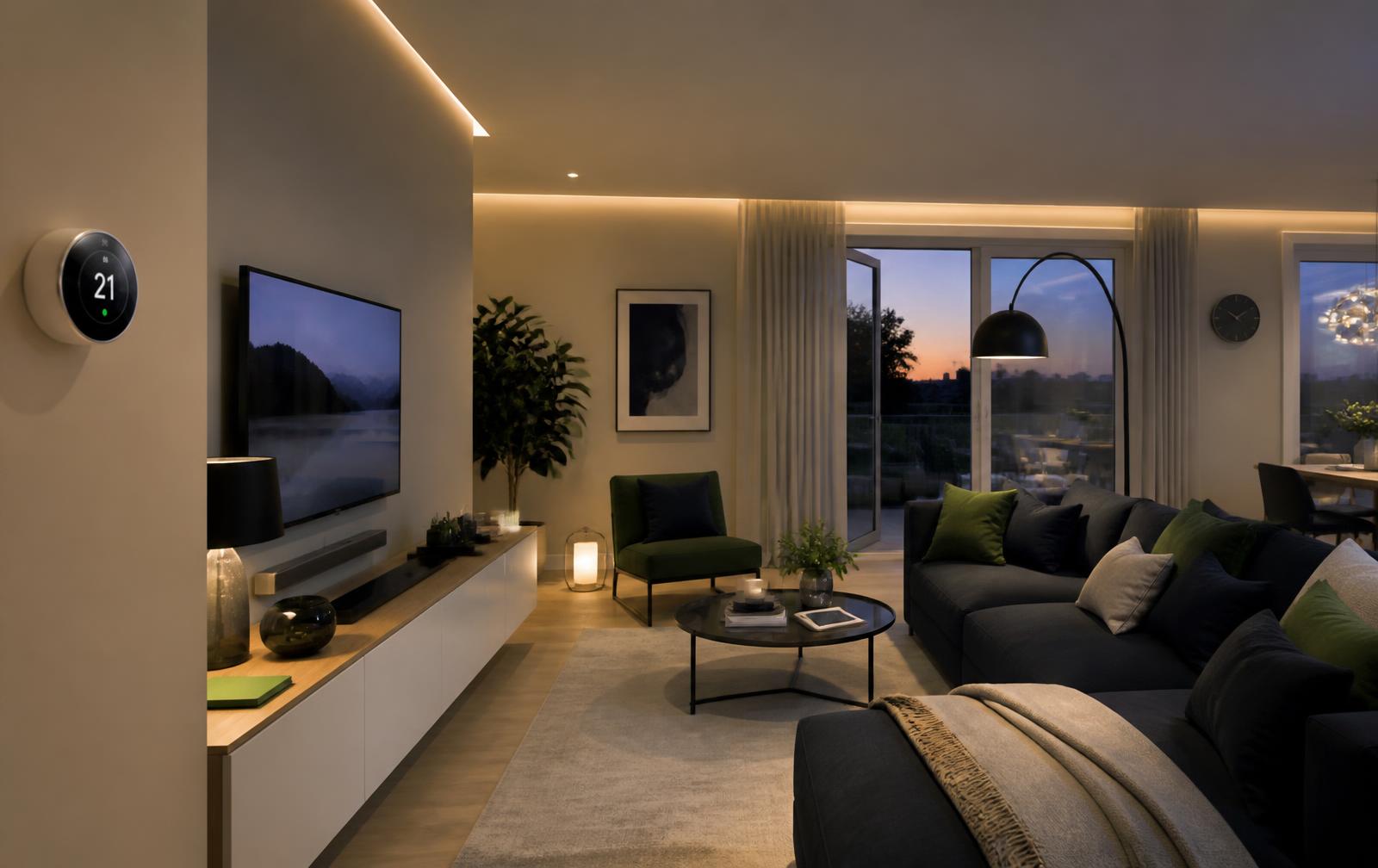 Modern living room lit with efficient smart LED lighting and a wall-mounted smart thermostat