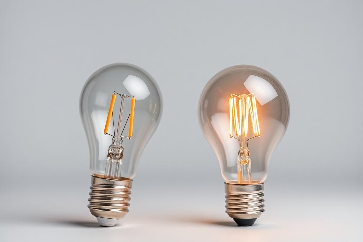 An LED bulb beside an incandescent bulb on a light gray background