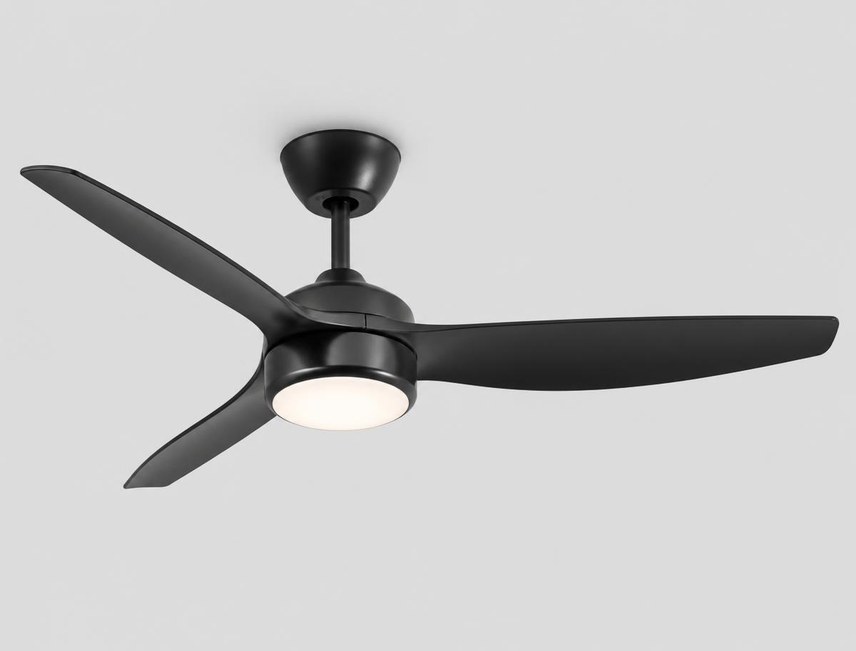 Contemporary ceiling fan with integrated LED light in a living room