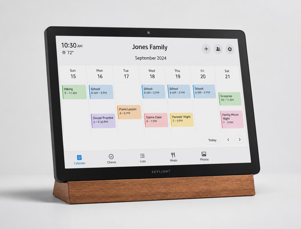 Wall-mounted digital family calendar display showing a monthly schedule in a bright kitchen