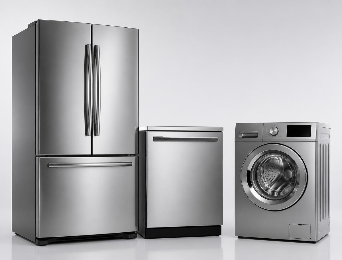 Stainless steel refrigerator and dishwasher in a bright modern kitchen