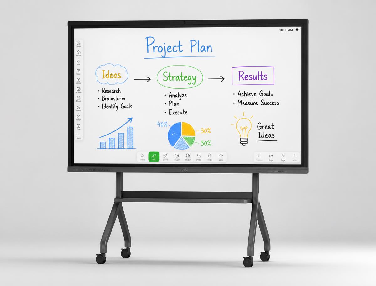Person writing on a large interactive touchscreen whiteboard in a bright home office