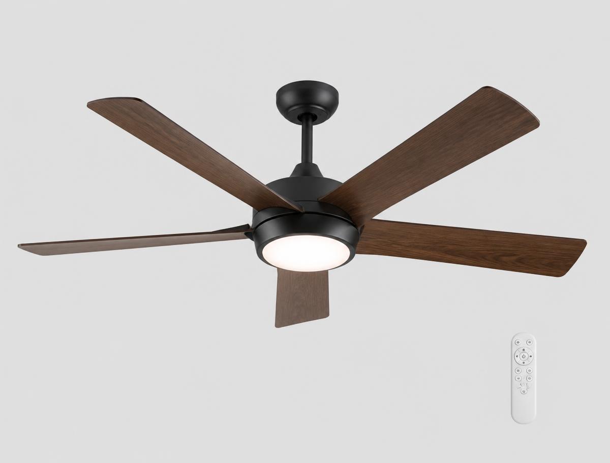 Large white eight-blade ceiling fan with a lit LED fixture on a covered patio at dusk