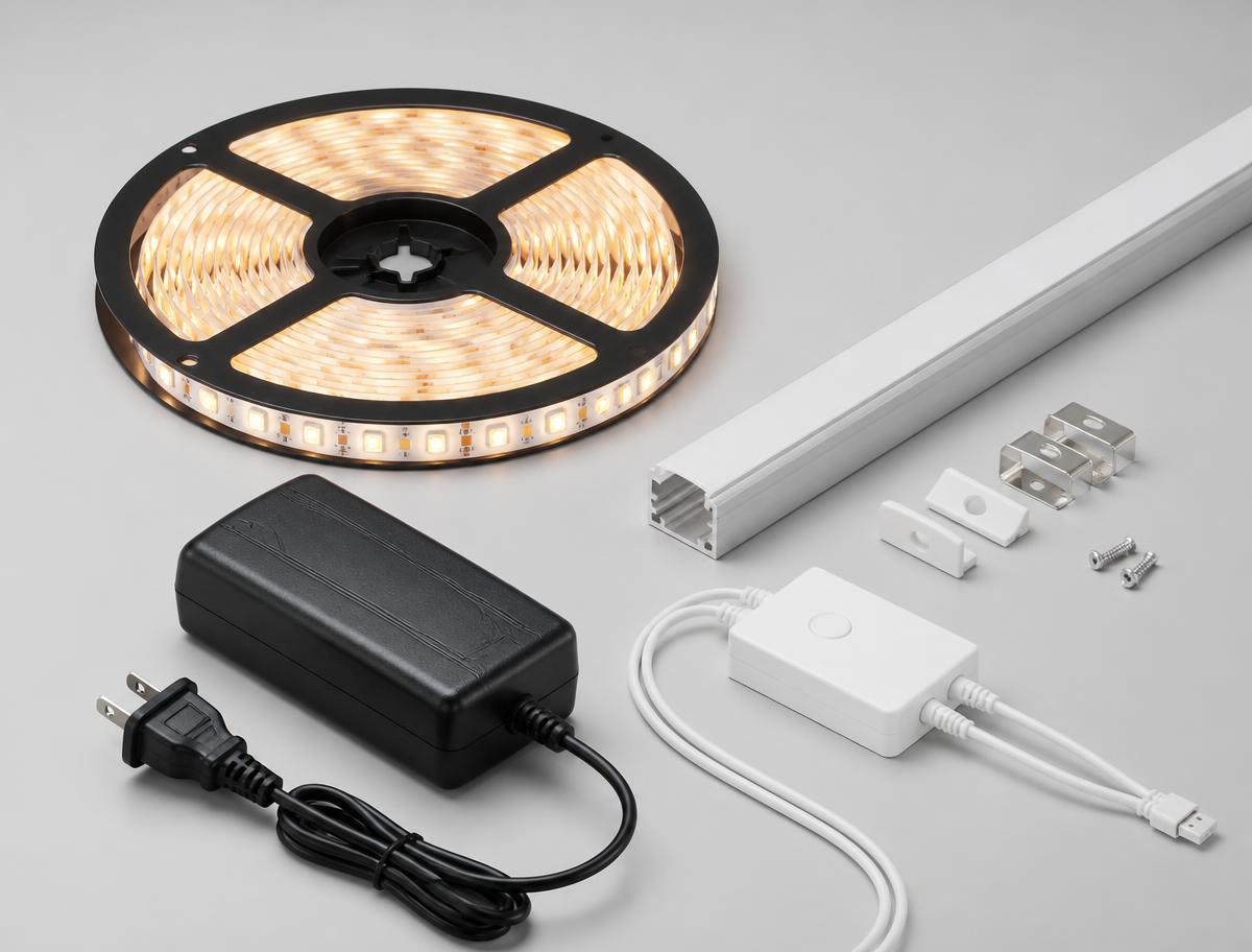 Warm white LED strip lighting glowing under a kitchen cabinet