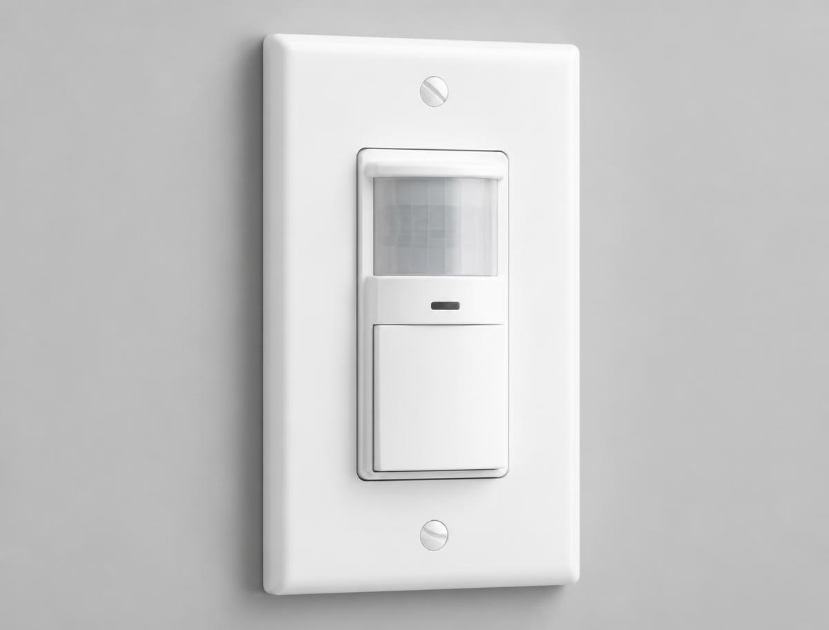 White occupancy sensor mounted on the wall of a bright hallway