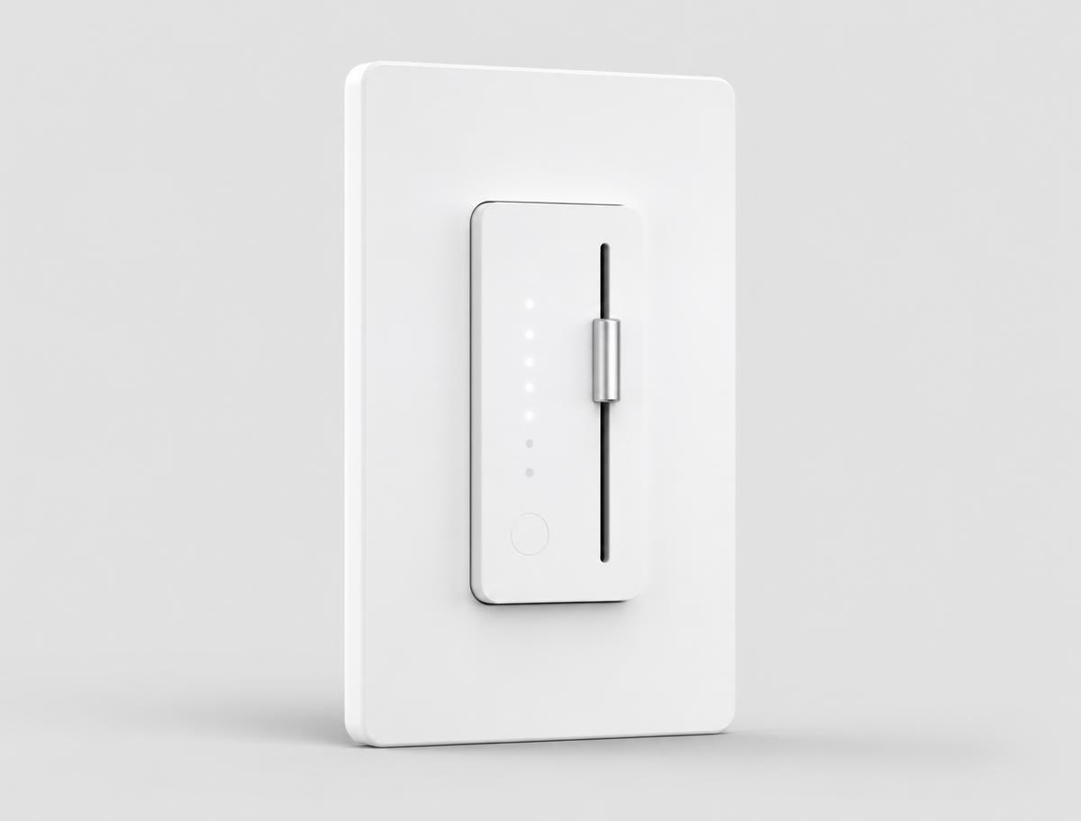 Hand pressing a modern white smart dimmer switch on a wall