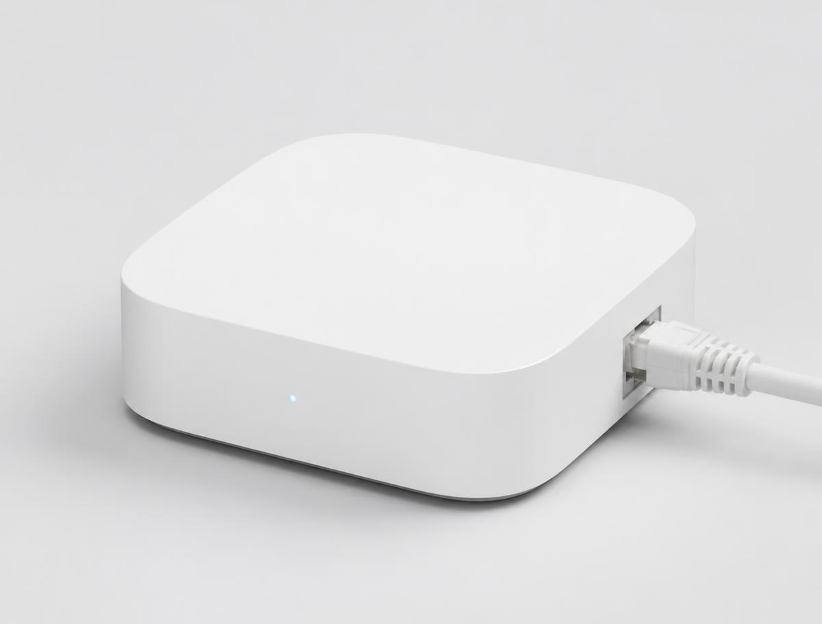 Compact white smart home hub on a console table in a bright living room