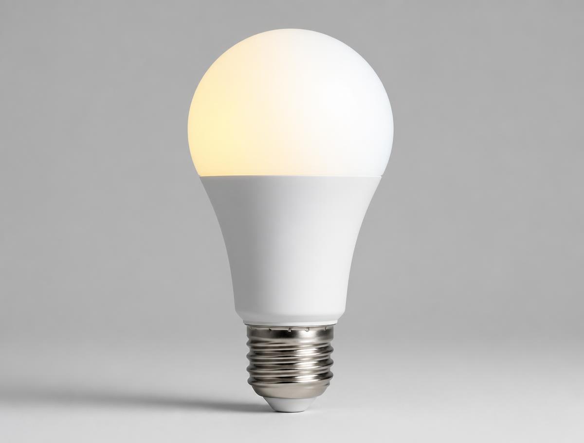 Smart LED bulbs arranged on a light surface with one bulb lit