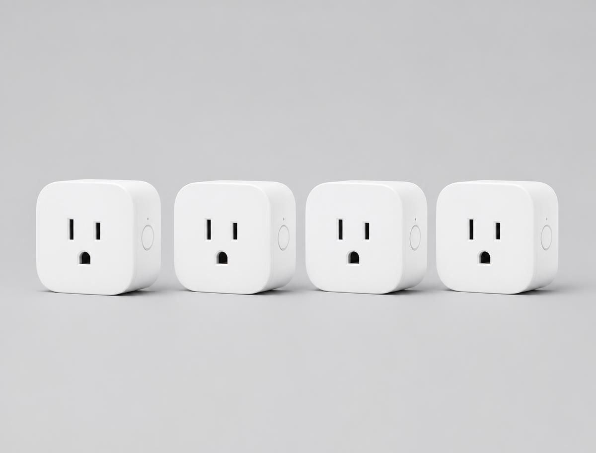 Four compact white smart plugs lined up on a white surface