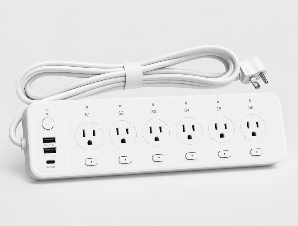 White smart power strip with several outlets and USB ports on a desk