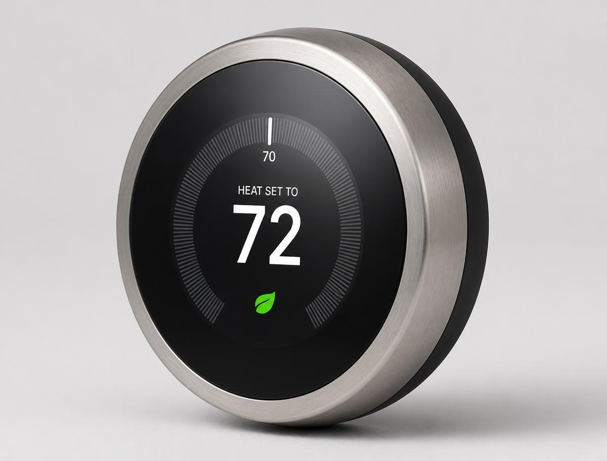 Wall-mounted smart thermostat displaying the room temperature