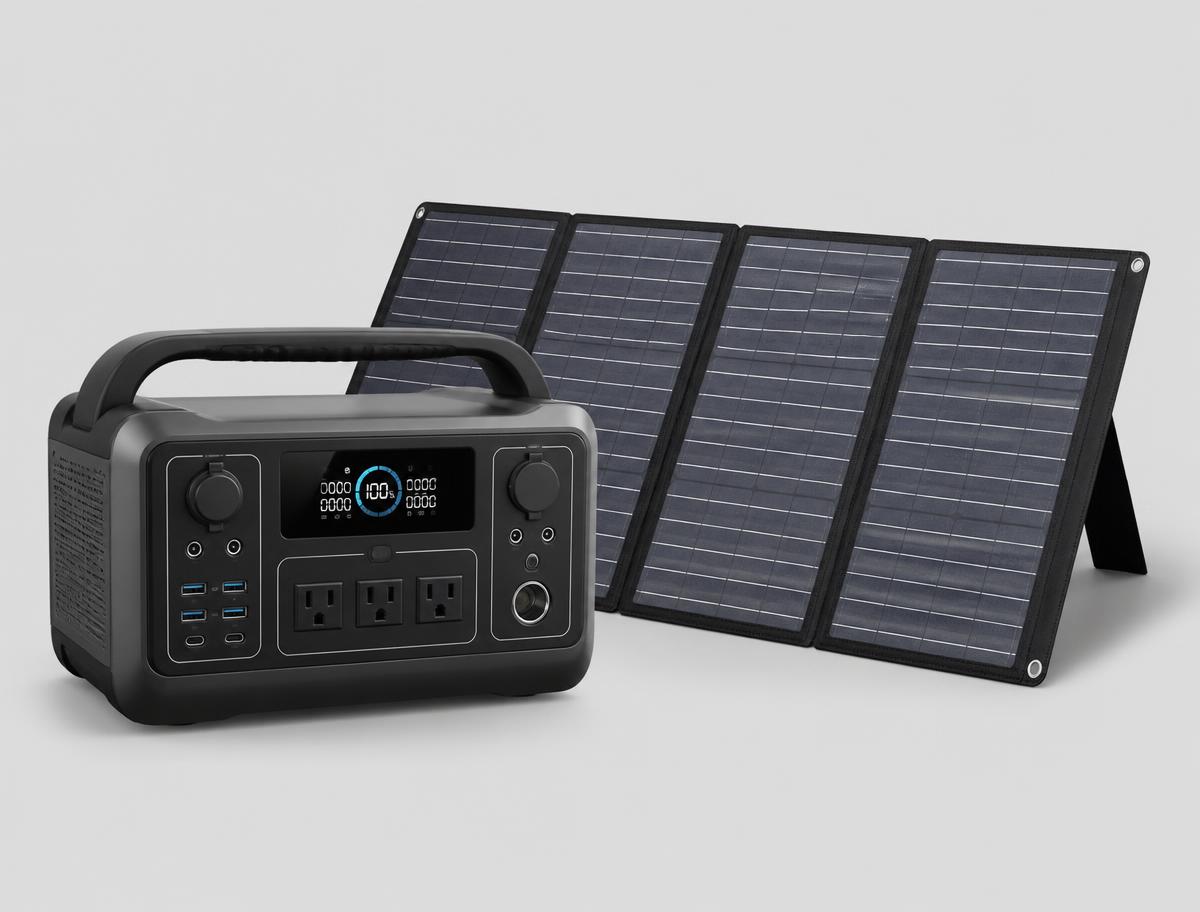 Rooftop solar panels above a garage with a wall-mounted home battery