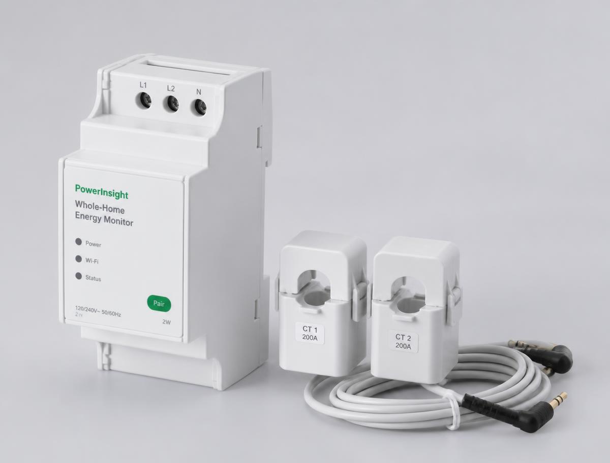 Home energy monitor display units mounted next to an electrical panel