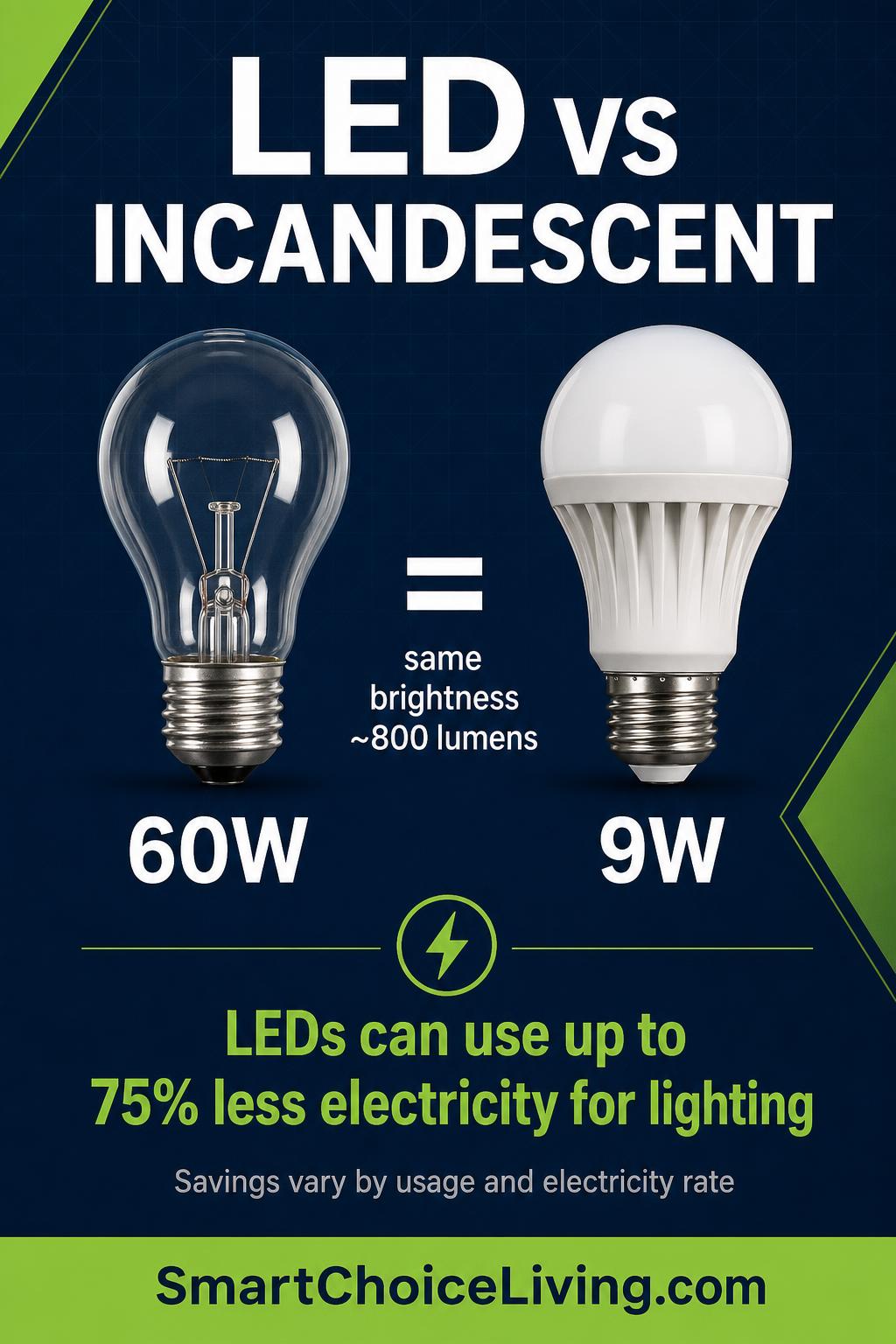 Vertical Pinterest pin comparing a 60W incandescent bulb with a 9W LED at the same ~800 lumens, with the note that LEDs can use up to 75% less electricity for lighting and the SmartChoiceLiving.com banner