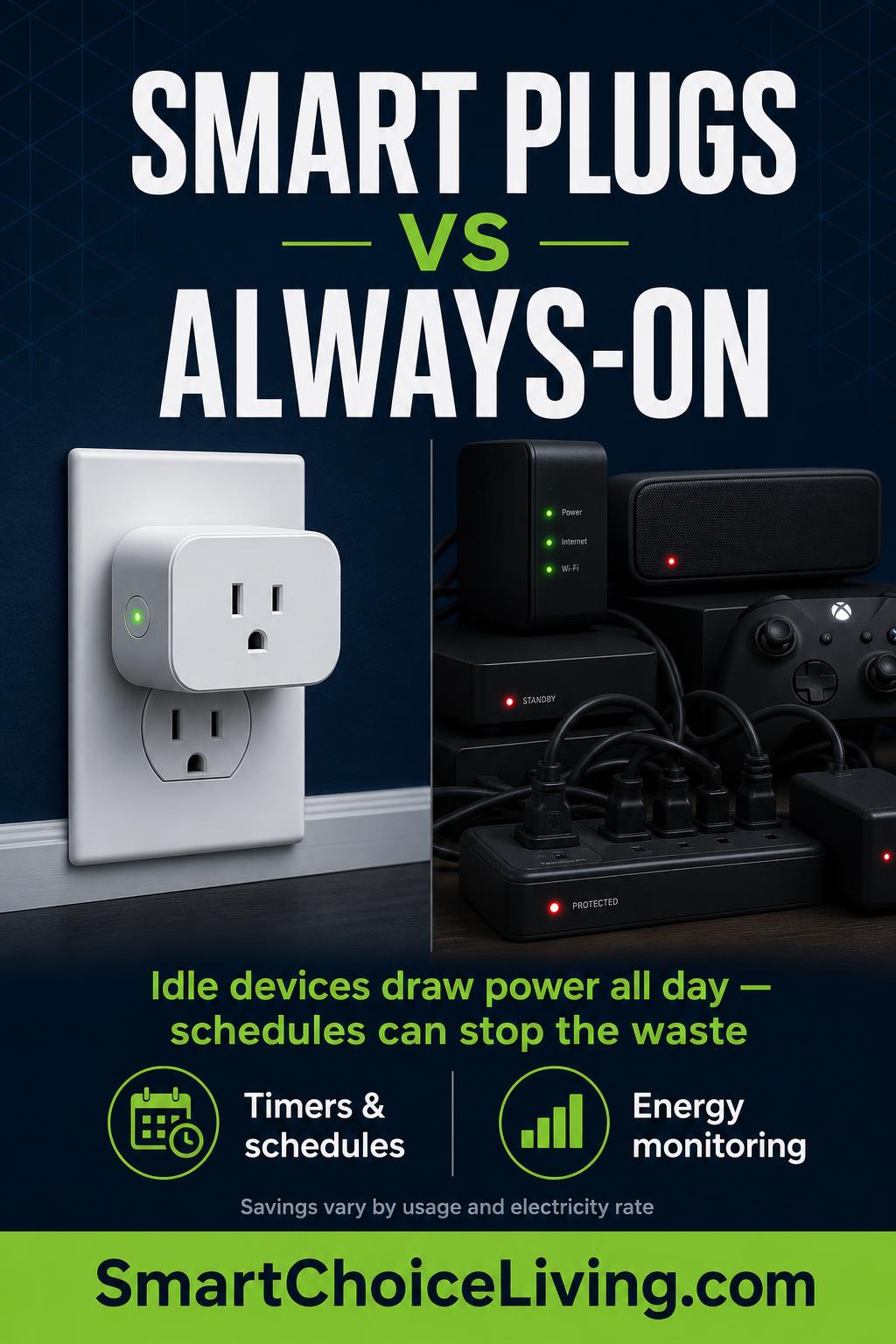 Vertical Pinterest pin comparing a smart plug with a cluster of devices left on standby, noting that idle devices draw power all day and schedules can stop the waste, with the SmartChoiceLiving.com banner
