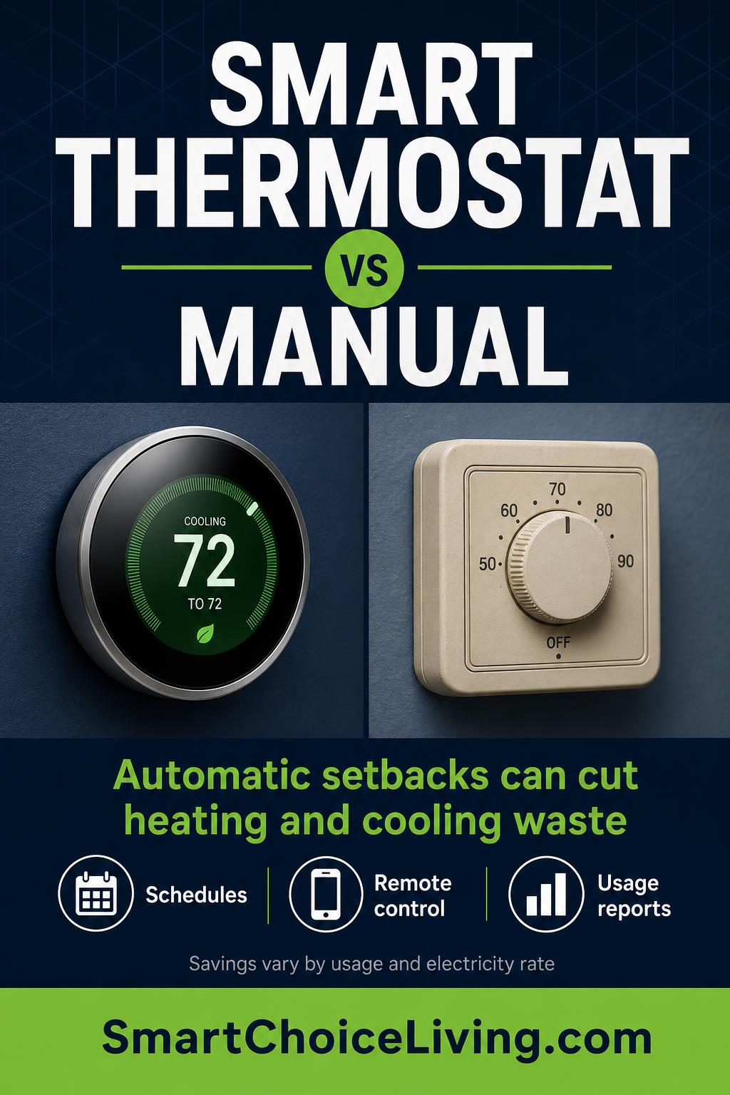 Vertical Pinterest pin comparing a modern smart thermostat with an old manual dial thermostat, noting that automatic setbacks can cut heating and cooling waste, with the SmartChoiceLiving.com banner
