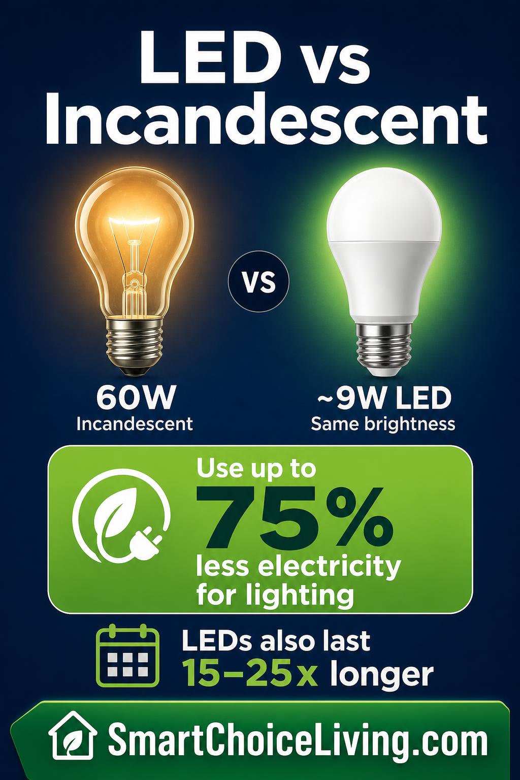 Pinterest pin comparing a 60W incandescent bulb with an equivalent ~9W LED: use up to 75% less electricity for lighting — SmartChoiceLiving.com
