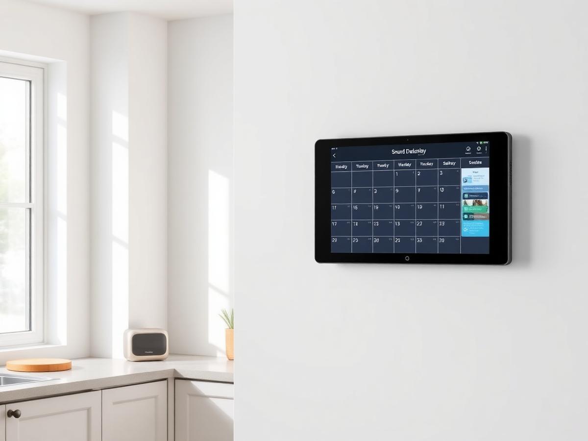 Wall-mounted digital family calendar display showing a monthly schedule in a bright kitchen
