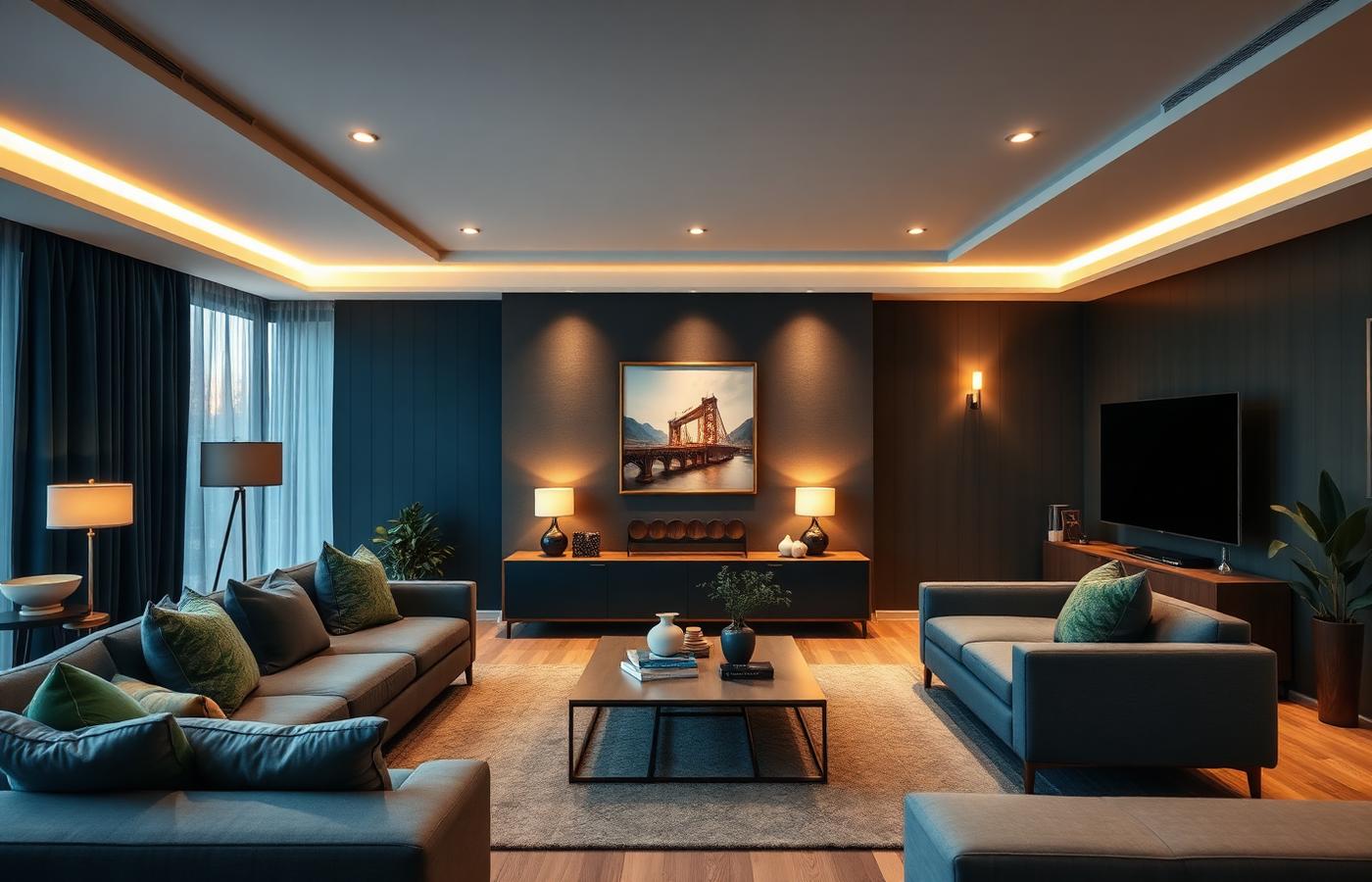 Modern living room in the evening lit by warm smart LED cove lighting and lamps