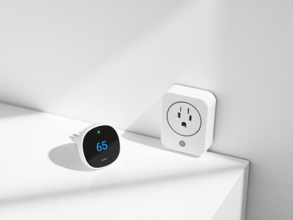 Compact smart plug with energy monitoring plugged into a wall outlet